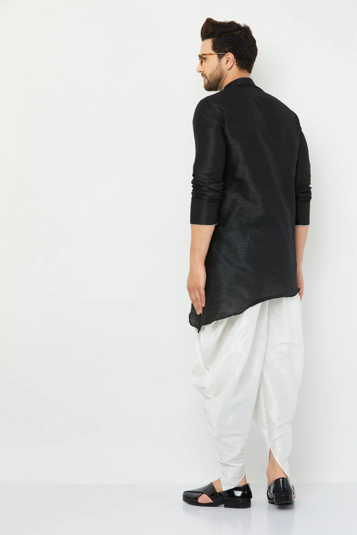 Black Silk Kurta and White Dhoti Set for men