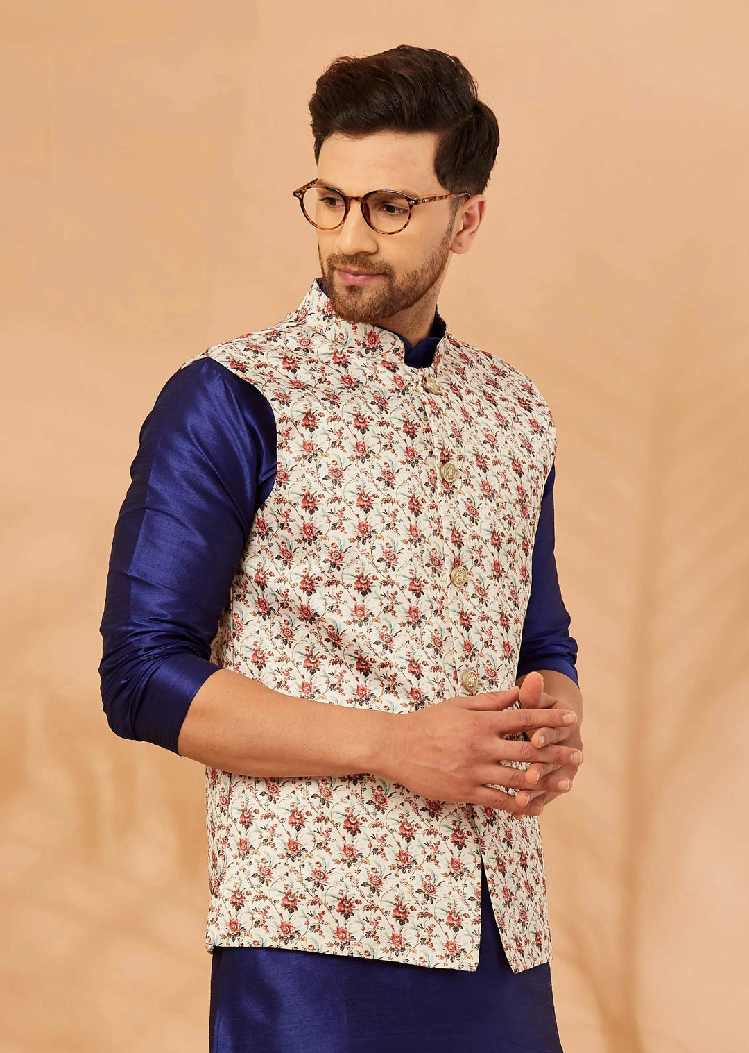 Harmony in Style Cream and Red Nehru Jacket for Men