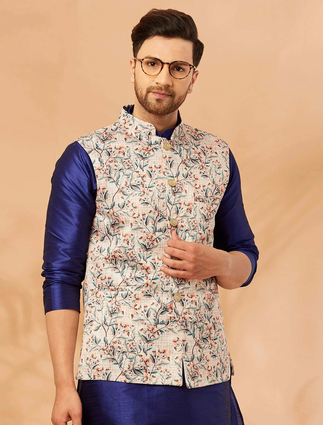 Blooms of Elegance Cream Flower Print Nehru Jacket for Men