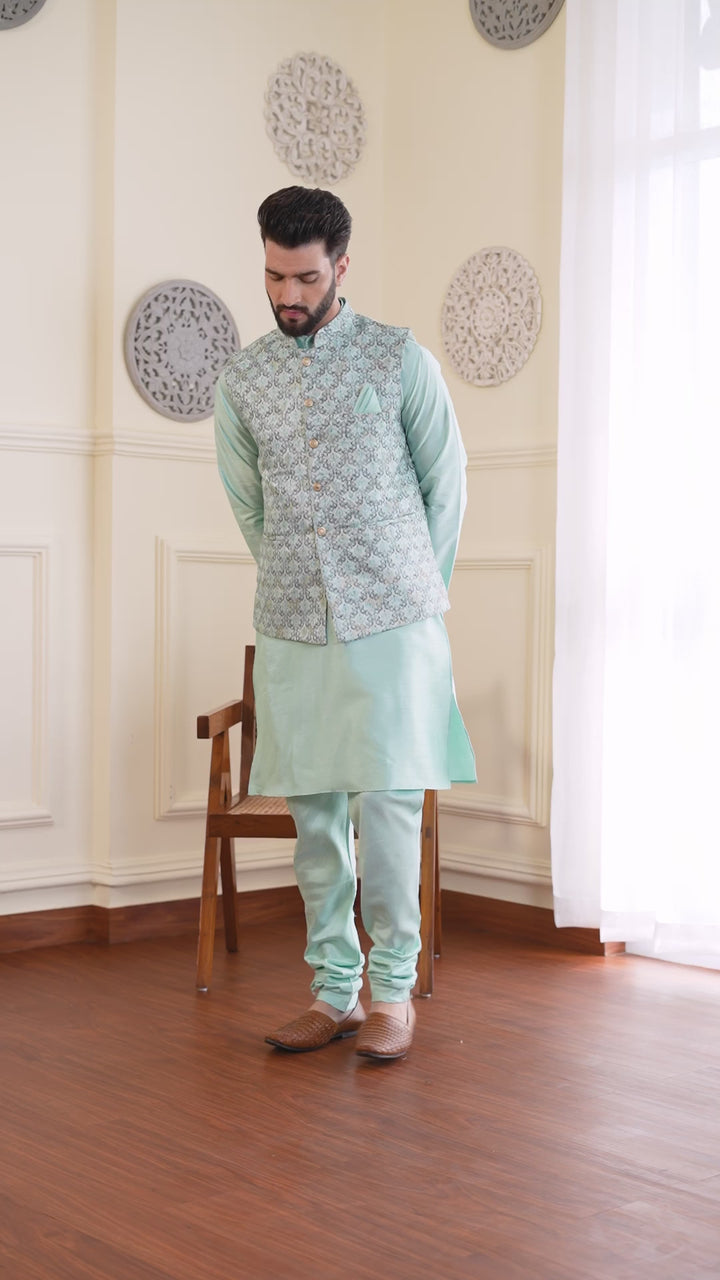 Sea Green Nehru Jacket Kurta and Churidar Pajama Set for Men – A Splash of Sophistication for Special Occasions